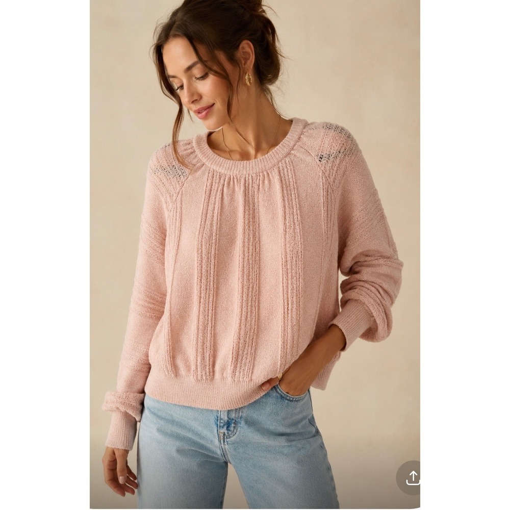Meadow Rue Anthropologie Pink Textured Knit Ribbed Pointelle Sweater XS Blush